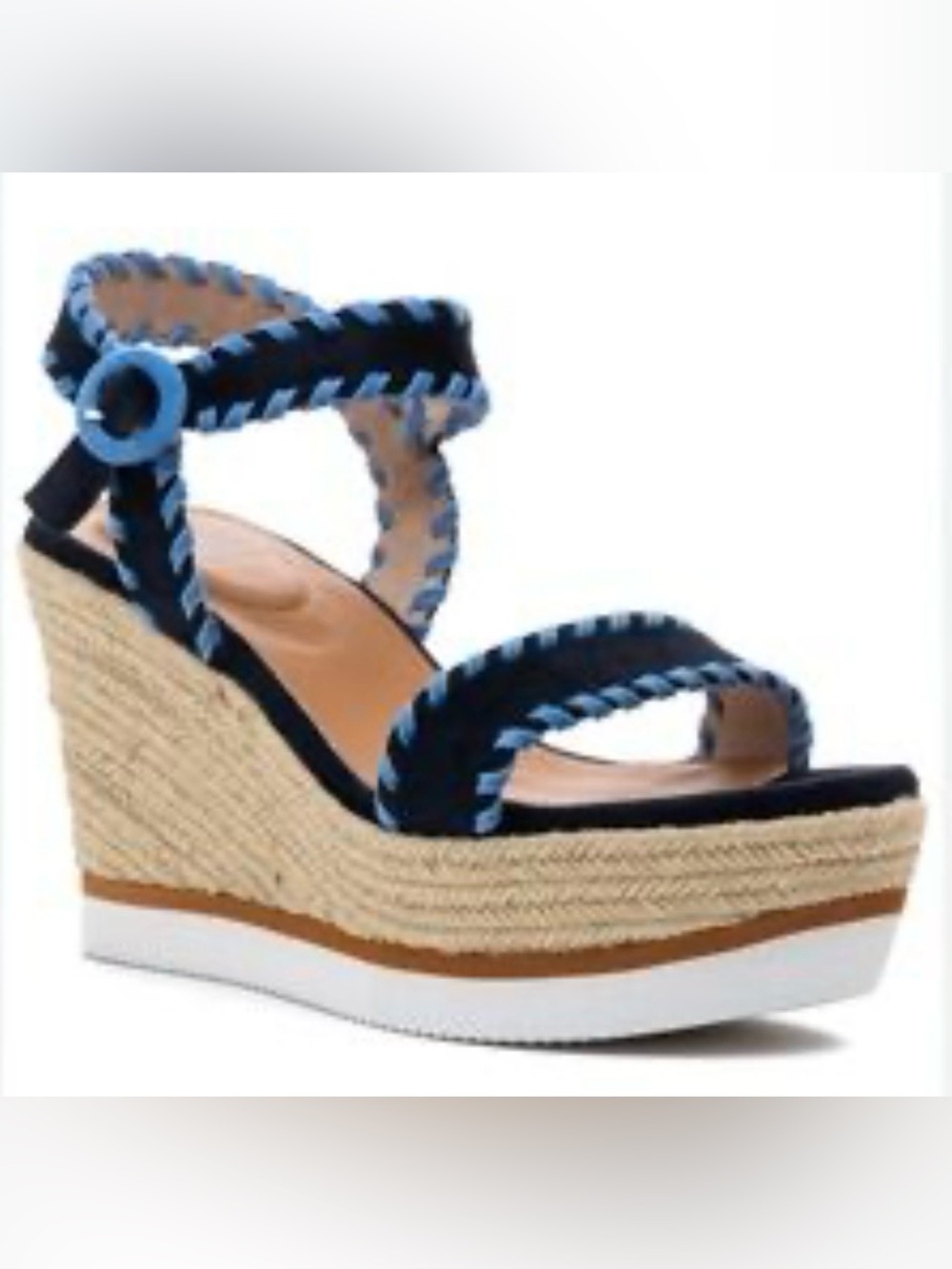 Vaneli Navy and Light Blue Braided Espadrille Wedge Sandals